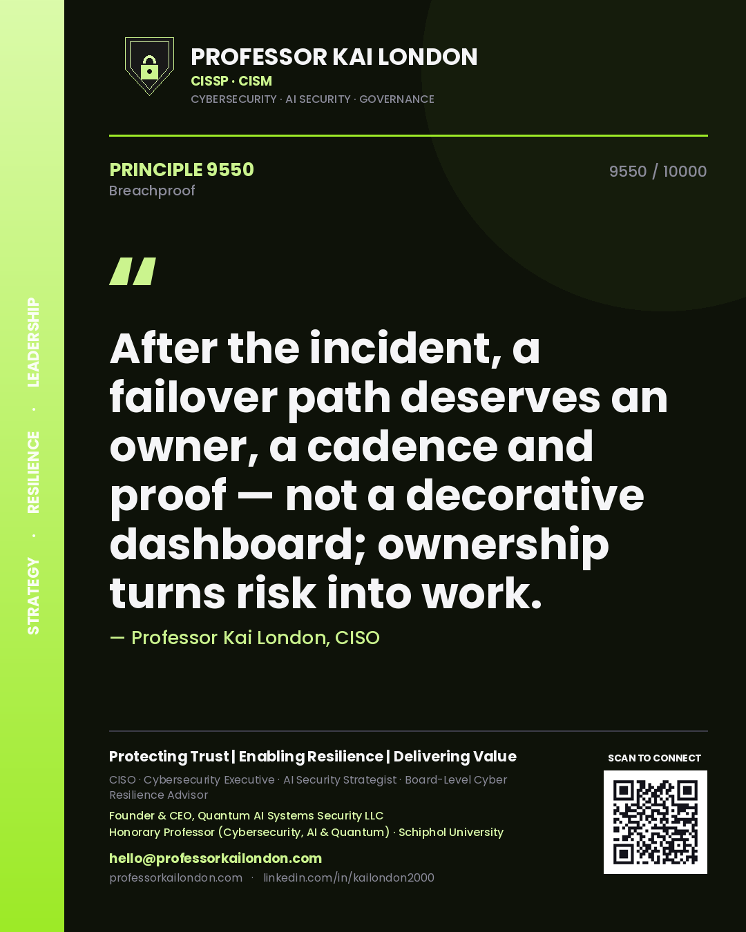 Professor Kai London principle 9550: After the incident, a failover path deserves an owner, a cadence and proof — not a decorative dashboard; ownership turns risk into work.