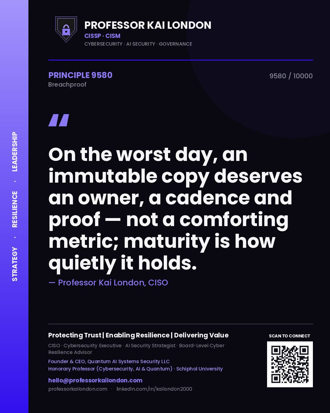 Quote card by Professor Kai London reading 'On the worst day, an immutable copy deserves an owner, a cadence and proof — not a comforting metric; maturity is how quietly it holds.'. From the book Breachproof.
