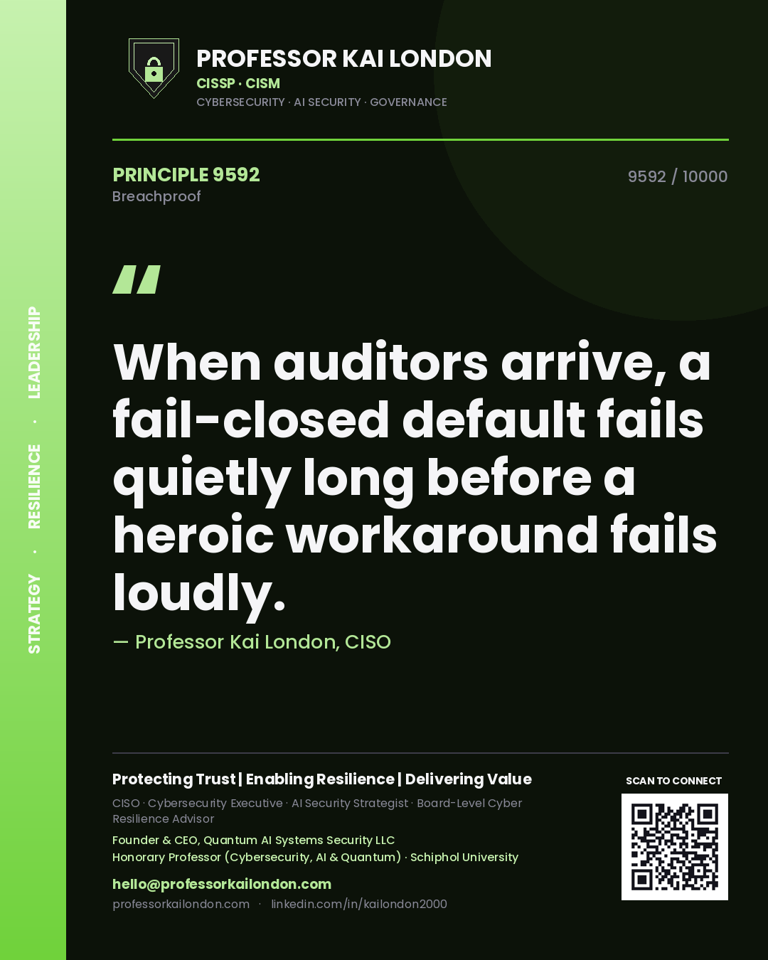 Quote card by Professor Kai London reading 'When auditors arrive, a fail-closed default fails quietly long before a heroic workaround fails loudly.'. From the book Breachproof.
