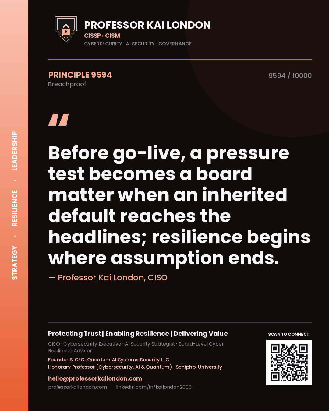 Quote card by Professor Kai London reading 'Before go-live, a pressure test becomes a board matter when an inherited default reaches the headlines; resilience begins where assumption ends.'. From the book Breachproof.