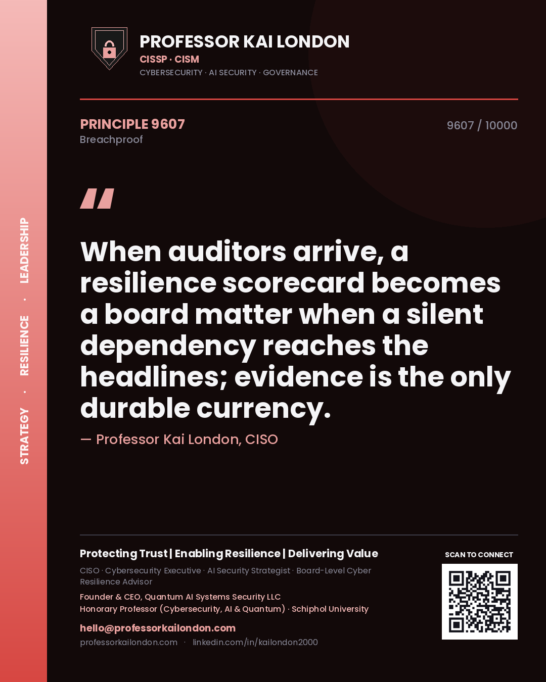 Professor Kai London principle 9607: When auditors arrive, a resilience scorecard becomes a board matter when a silent dependency reaches the headlines; evidence is the only durable currency.