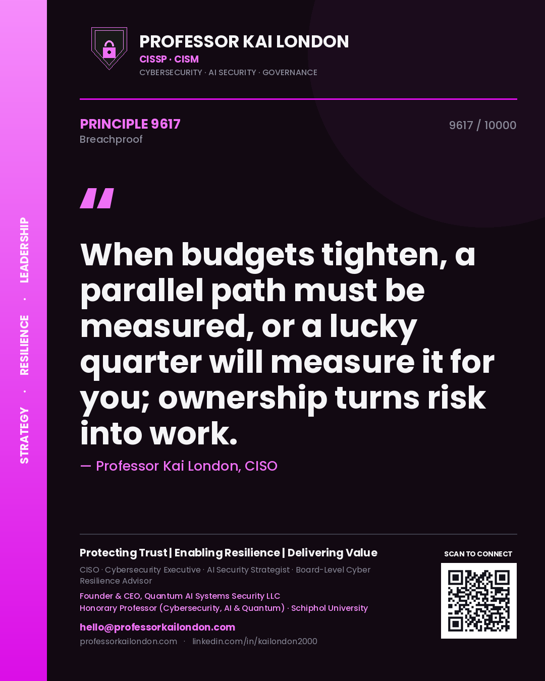 Quote card by Professor Kai London reading 'When budgets tighten, a parallel path must be measured, or a lucky quarter will measure it for you; ownership turns risk into work.'. From the book Breachproof.