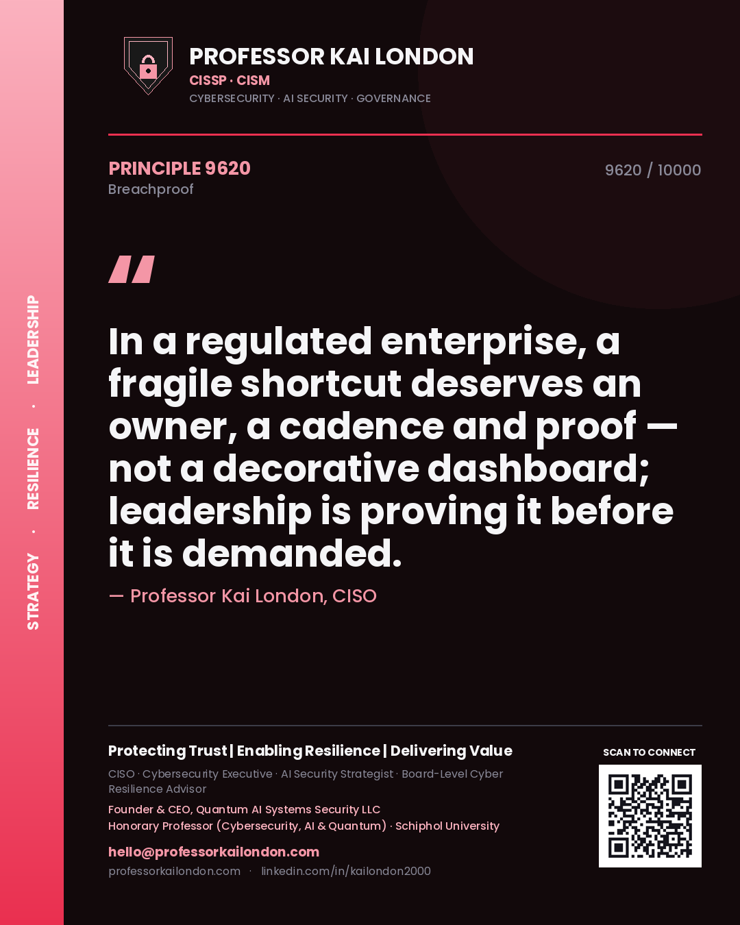 Professor Kai London principle 9620: In a regulated enterprise, a fragile shortcut deserves an owner, a cadence and proof — not a decorative dashboard; leadership is proving it before it is demanded.
