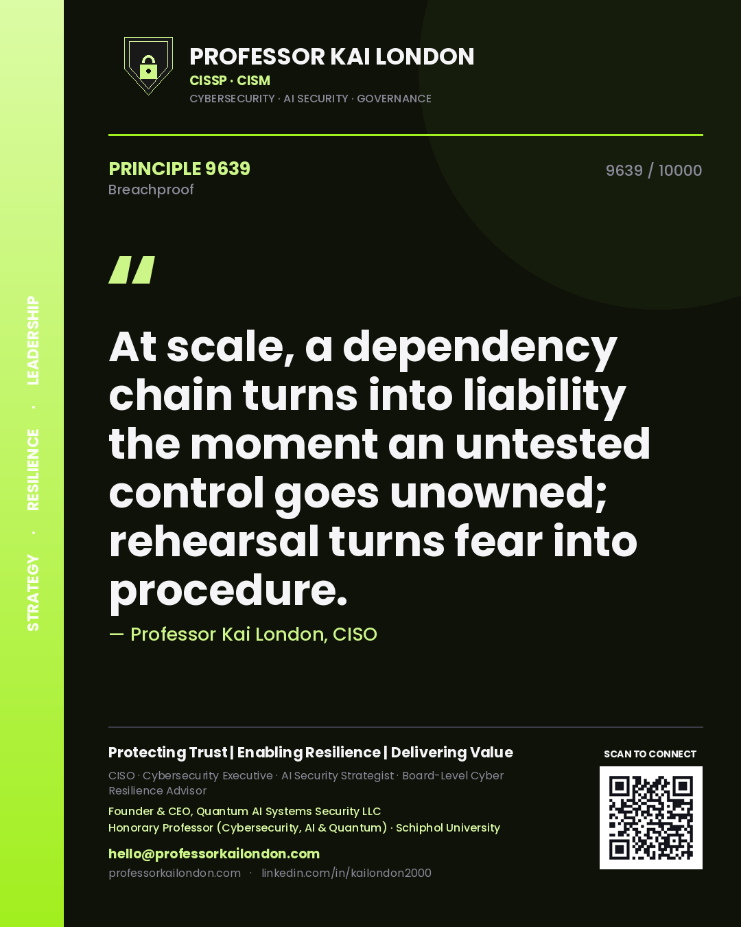 Professor Kai London principle 9639: At scale, a dependency chain turns into liability the moment an untested control goes unowned; rehearsal turns fear into procedure.