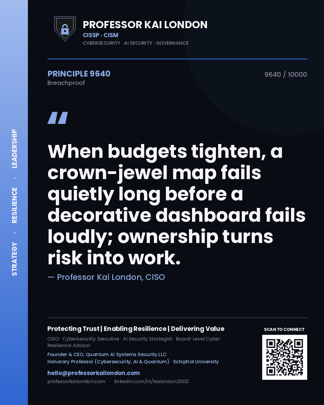 Professor Kai London principle 9640: When budgets tighten, a crown-jewel map fails quietly long before a decorative dashboard fails loudly; ownership turns risk into work.