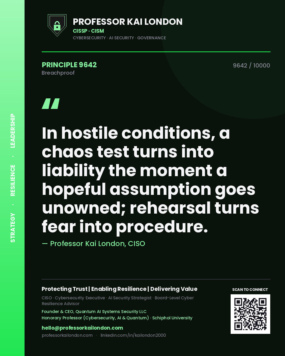 Quote card by Professor Kai London reading 'In hostile conditions, a chaos test turns into liability the moment a hopeful assumption goes unowned; rehearsal turns fear into procedure.'. From the book Breachproof.