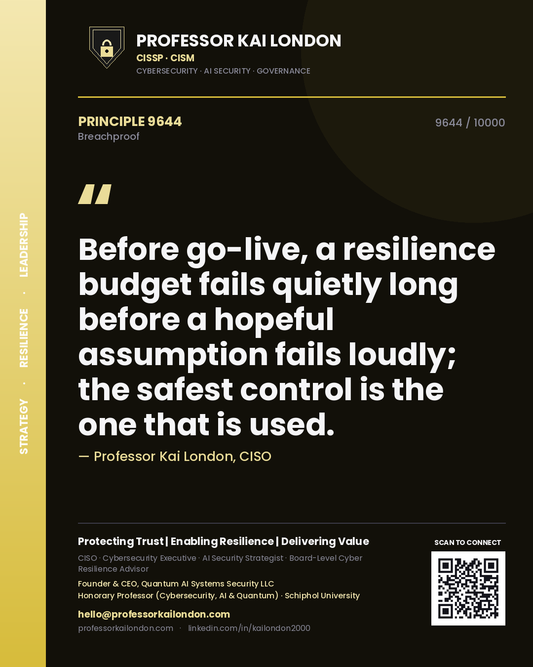 Quote card by Professor Kai London reading 'Before go-live, a resilience budget fails quietly long before a hopeful assumption fails loudly; the safest control is the one that is used.'. From the book Breachproof.