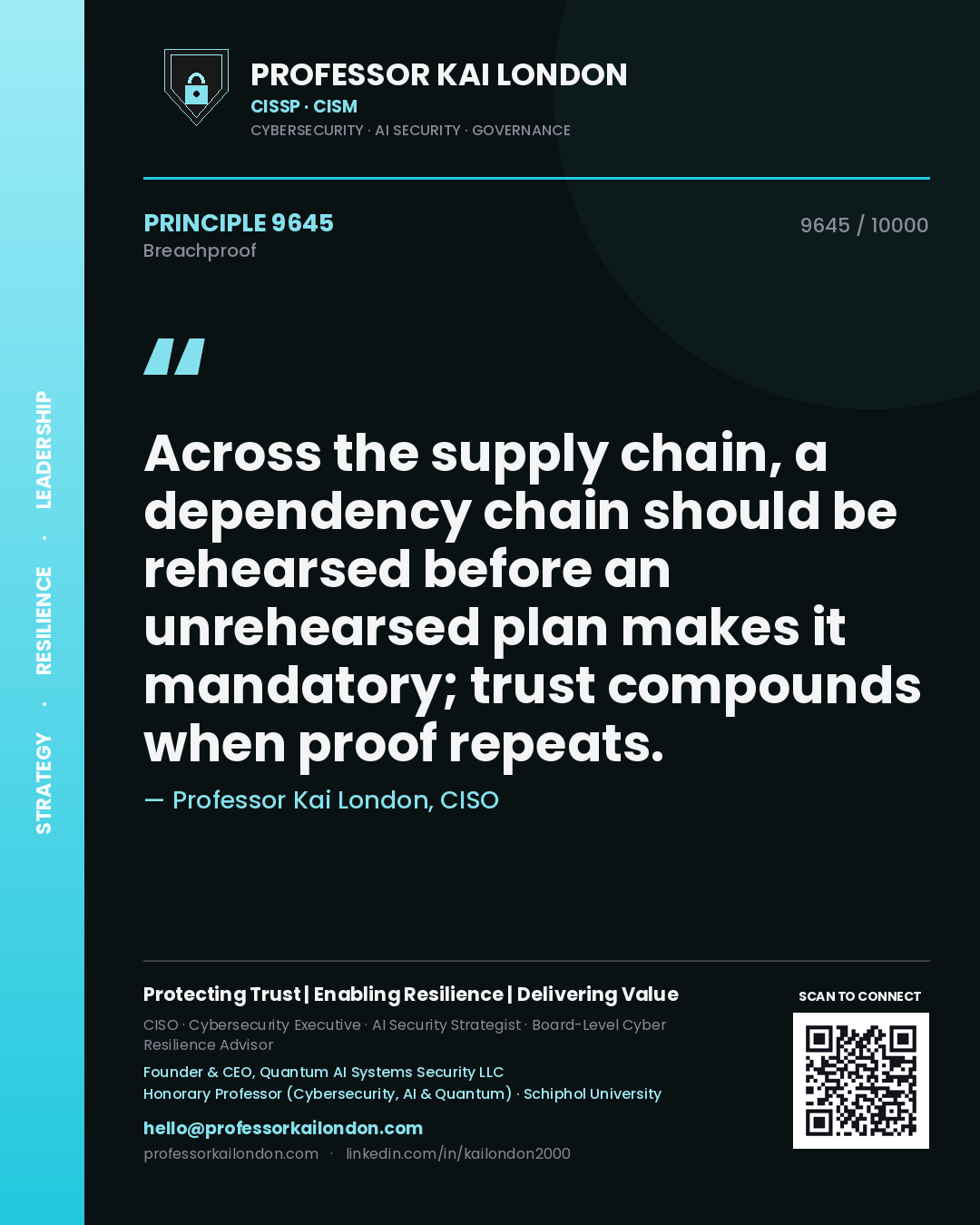 Professor Kai London principle 9645: Across the supply chain, a dependency chain should be rehearsed before an unrehearsed plan makes it mandatory; trust compounds when proof repeats.