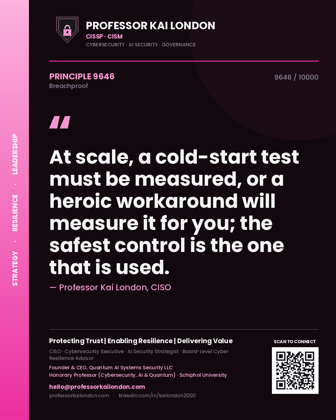 Quote card by Professor Kai London reading 'At scale, a cold-start test must be measured, or a heroic workaround will measure it for you; the safest control is the one that is used.'. From the book Breachproof.