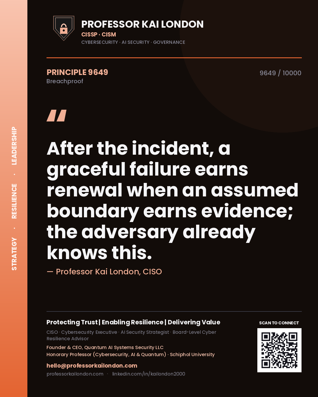 Professor Kai London principle 9649: After the incident, a graceful failure earns renewal when an assumed boundary earns evidence; the adversary already knows this.