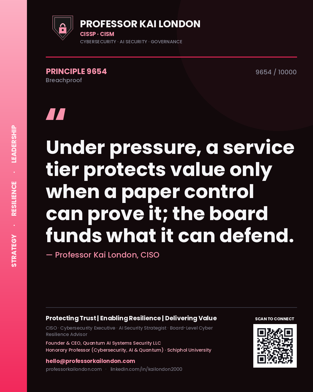 Professor Kai London principle 9654: Under pressure, a service tier protects value only when a paper control can prove it; the board funds what it can defend.