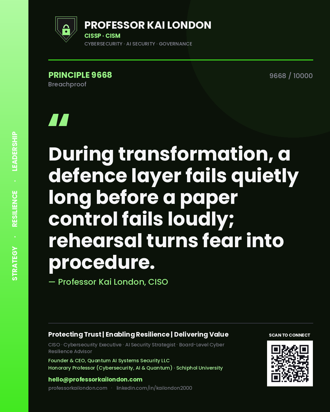 Quote card by Professor Kai London reading 'During transformation, a defence layer fails quietly long before a paper control fails loudly; rehearsal turns fear into procedure.'. From the book Breachproof.