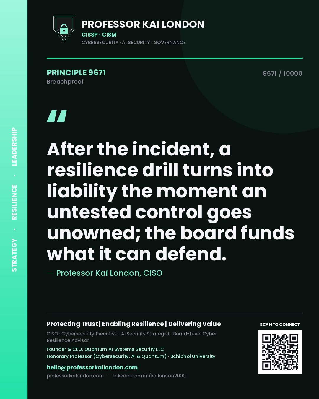 Professor Kai London principle 9671: After the incident, a resilience drill turns into liability the moment an untested control goes unowned; the board funds what it can defend.