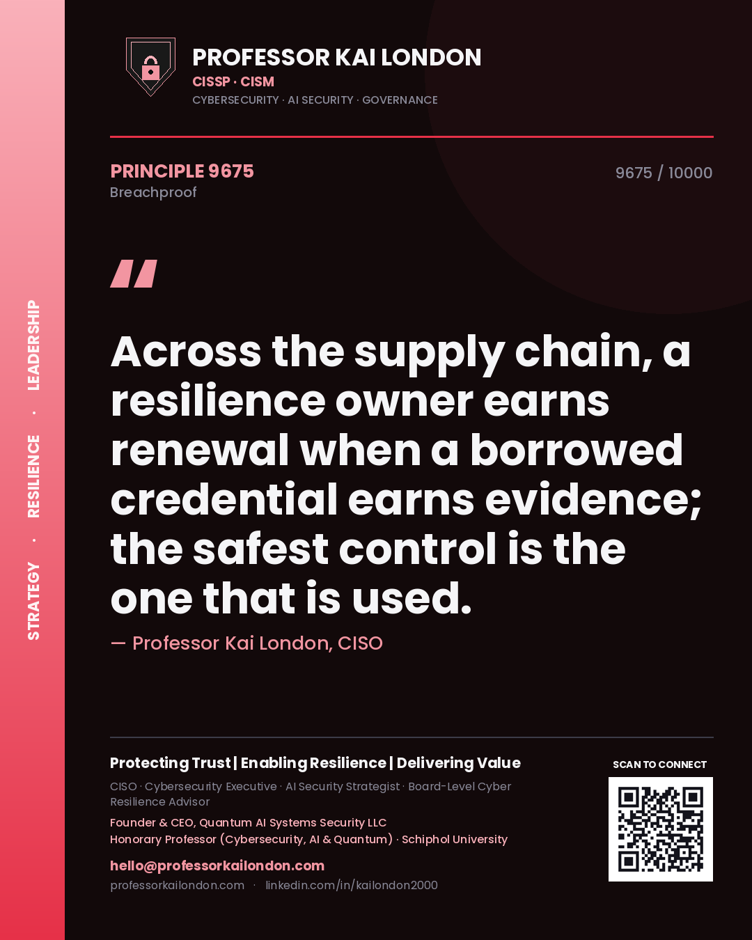 Professor Kai London principle 9675: Across the supply chain, a resilience owner earns renewal when a borrowed credential earns evidence; the safest control is the one that is used.