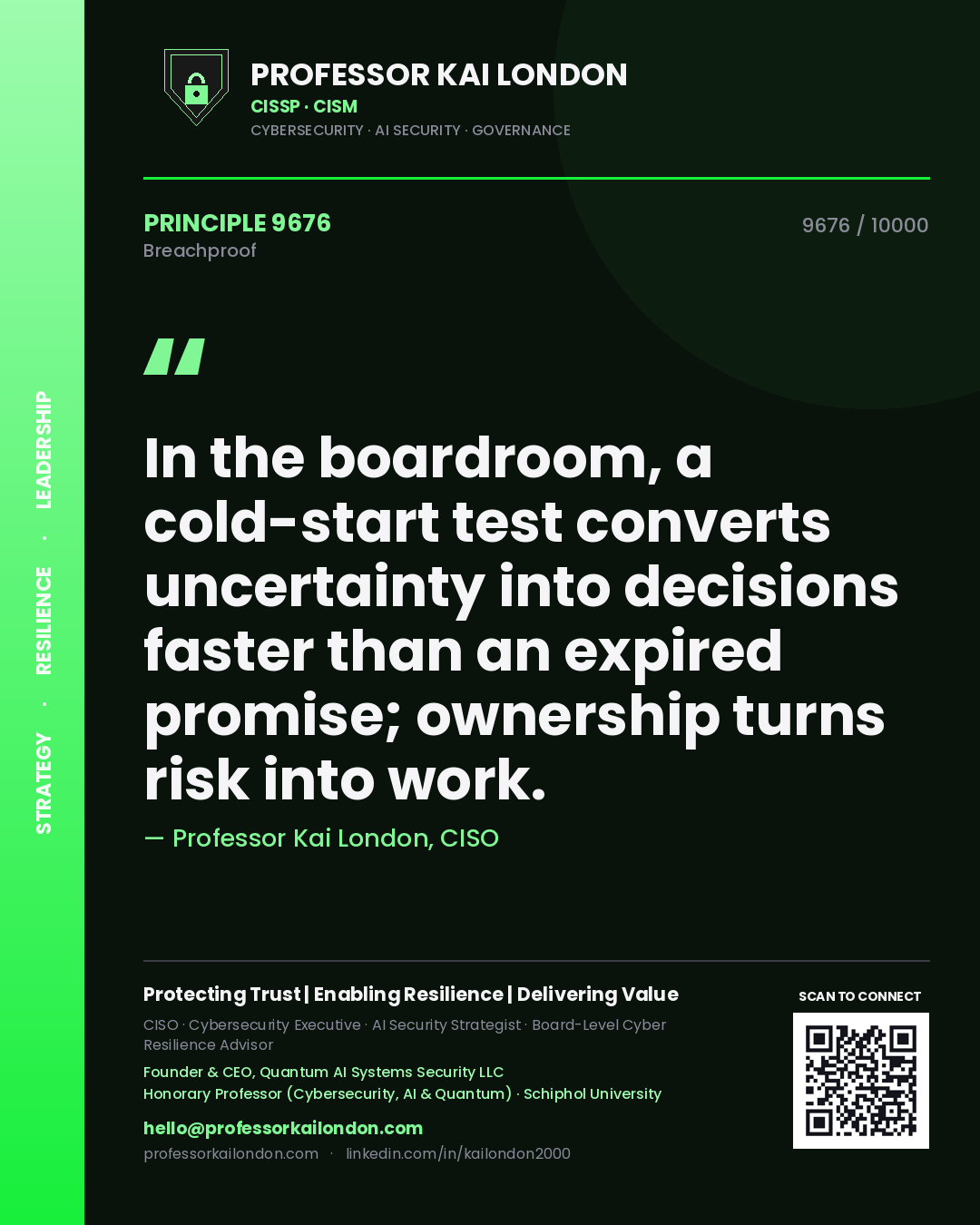 Quote card by Professor Kai London reading 'In the boardroom, a cold-start test converts uncertainty into decisions faster than an expired promise; ownership turns risk into work.'. From the book Breachproof.