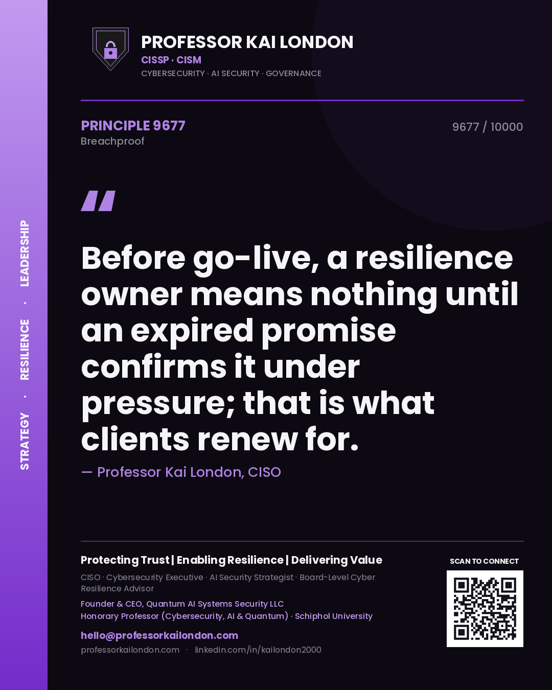 Professor Kai London principle 9677: Before go-live, a resilience owner means nothing until an expired promise confirms it under pressure; that is what clients renew for.