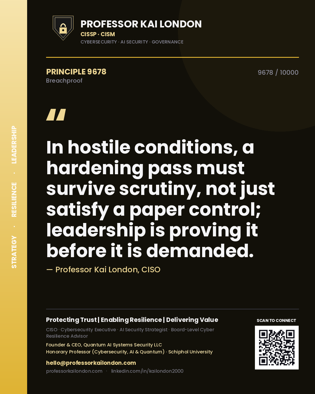 Professor Kai London principle 9678: In hostile conditions, a hardening pass must survive scrutiny, not just satisfy a paper control; leadership is proving it before it is demanded.
