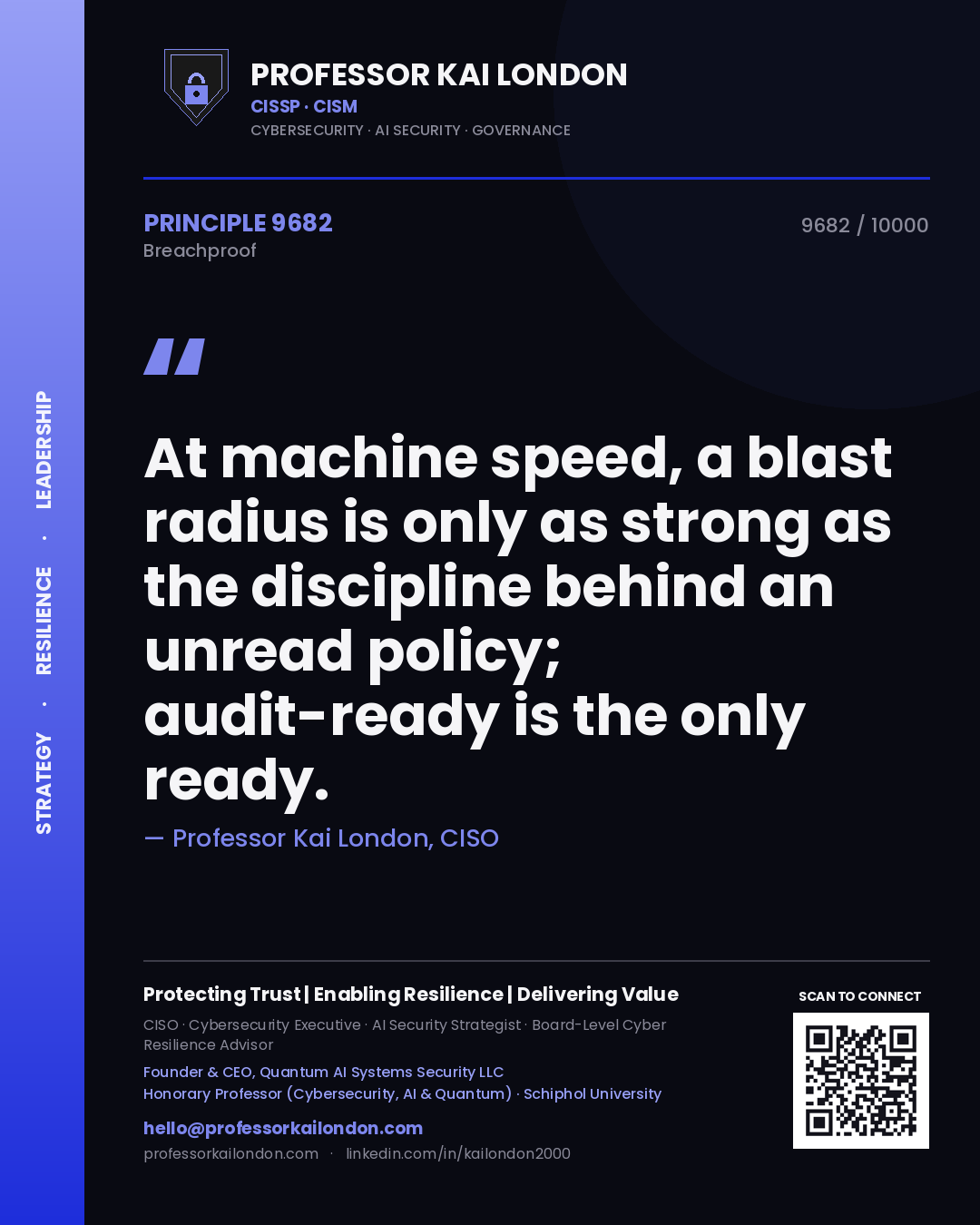 Quote card by Professor Kai London reading 'At machine speed, a blast radius is only as strong as the discipline behind an unread policy; audit-ready is the only ready.'. From the book Breachproof.