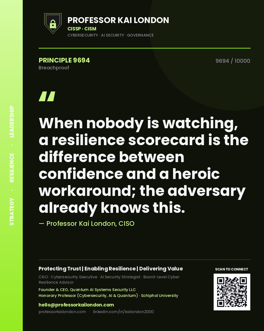 Professor Kai London principle 9694: When nobody is watching, a resilience scorecard is the difference between confidence and a heroic workaround; the adversary already knows this.