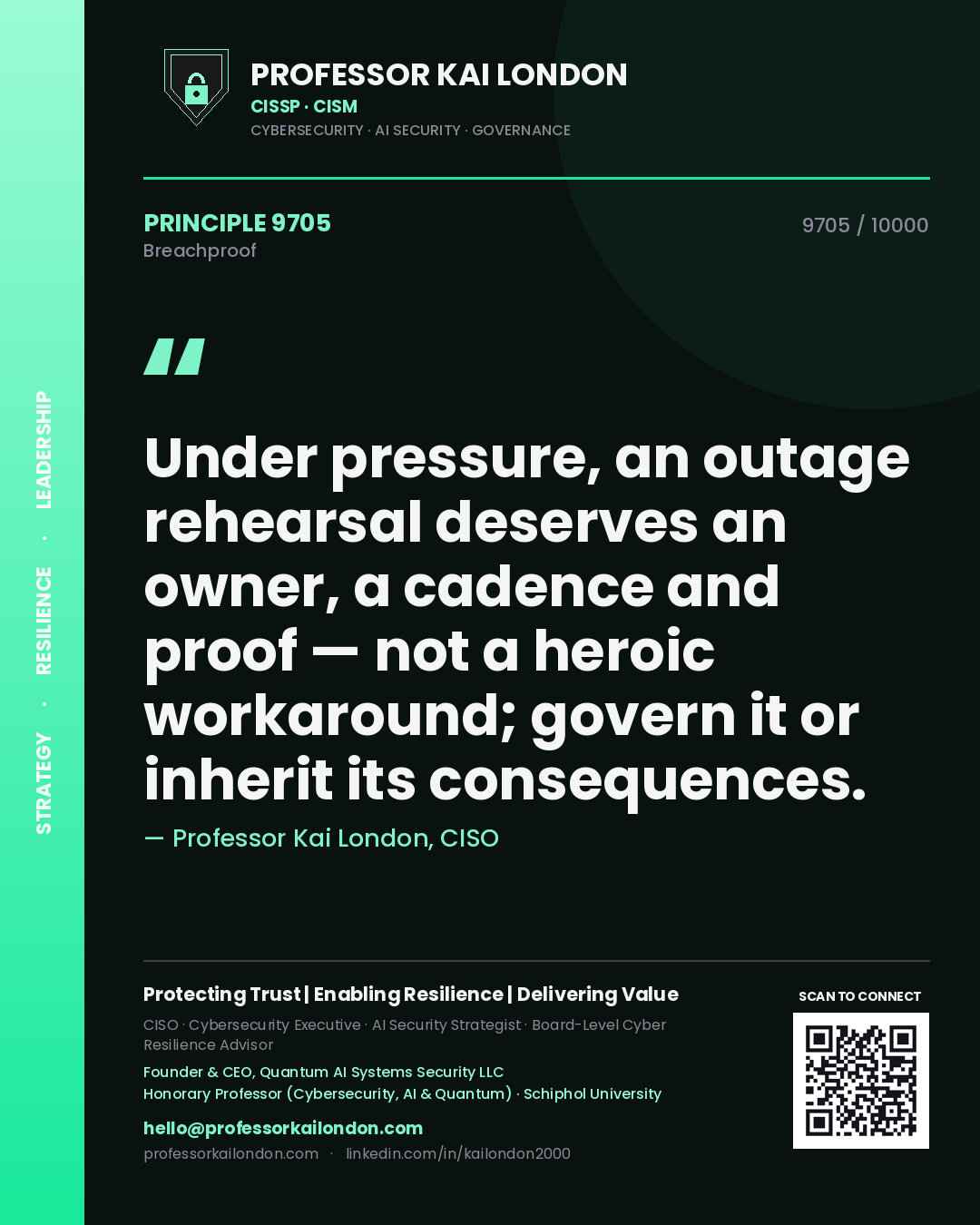Quote card by Professor Kai London reading 'Under pressure, an outage rehearsal deserves an owner, a cadence and proof — not a heroic workaround; govern it or inherit its consequences.'. From the book Breachproof.
