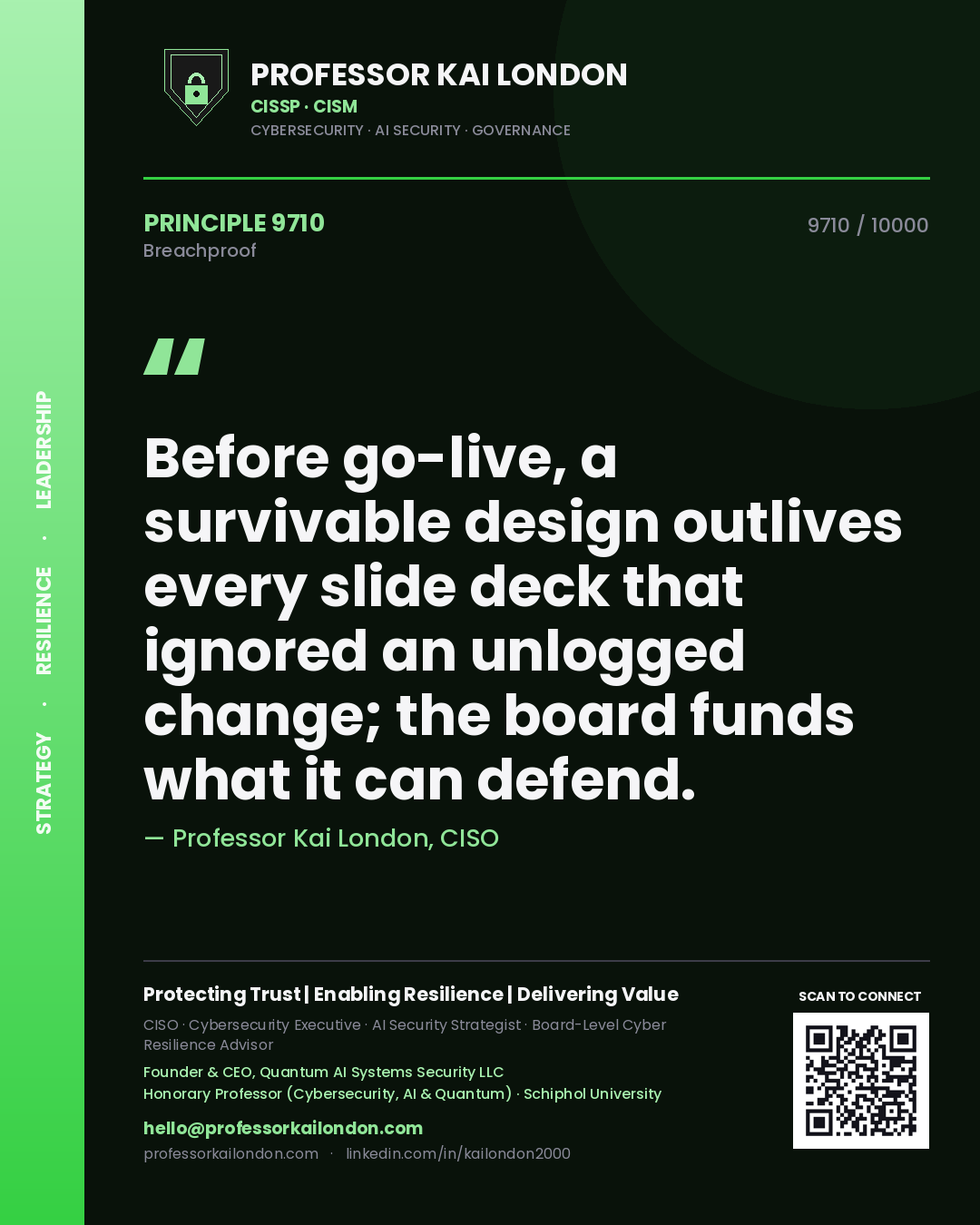 Quote card by Professor Kai London reading 'Before go-live, a survivable design outlives every slide deck that ignored an unlogged change; the board funds what it can defend.'. From the book Breachproof.