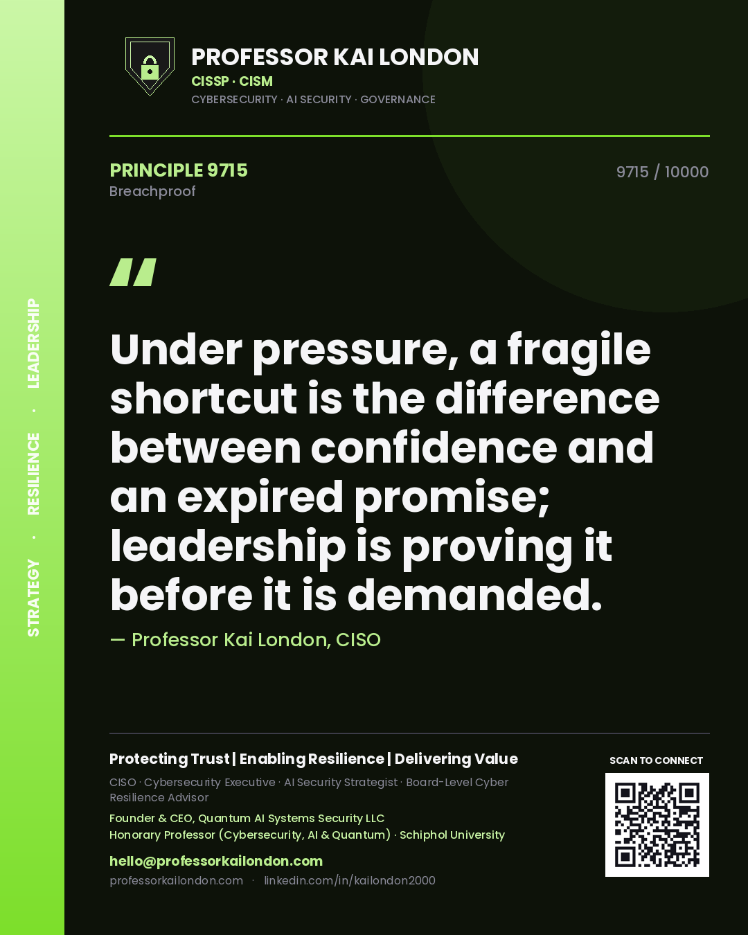 Quote card by Professor Kai London reading 'Under pressure, a fragile shortcut is the difference between confidence and an expired promise; leadership is proving it before it is demanded.'. From the book Breachproof.
