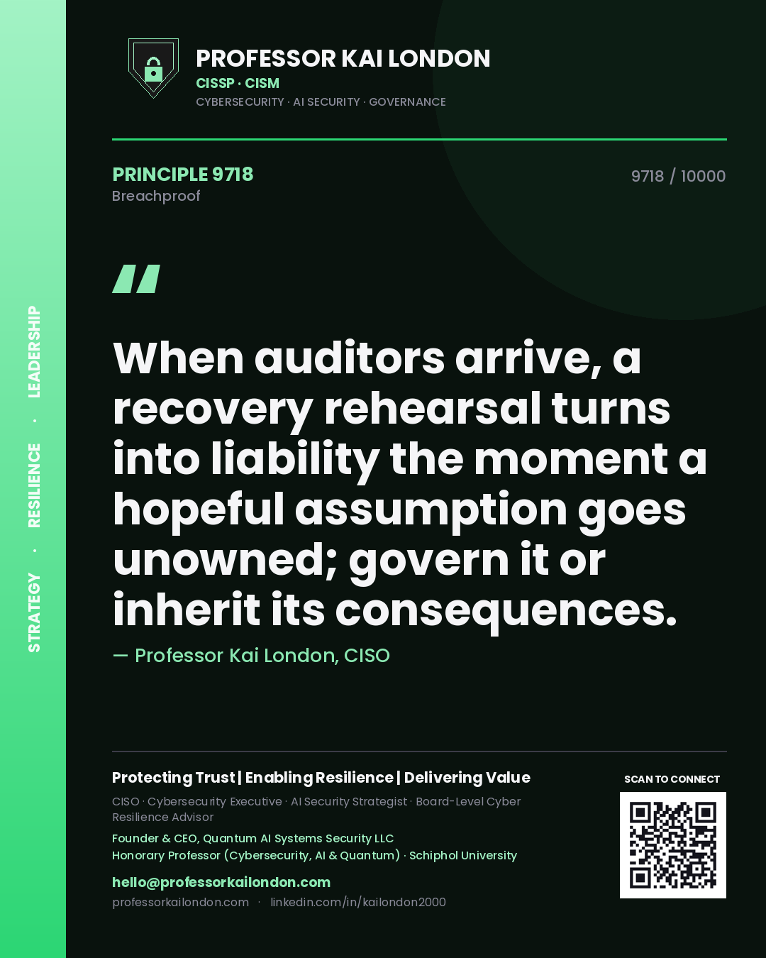 Quote card by Professor Kai London reading 'When auditors arrive, a recovery rehearsal turns into liability the moment a hopeful assumption goes unowned; govern it or inherit its consequences.'. From the book Breachproof.