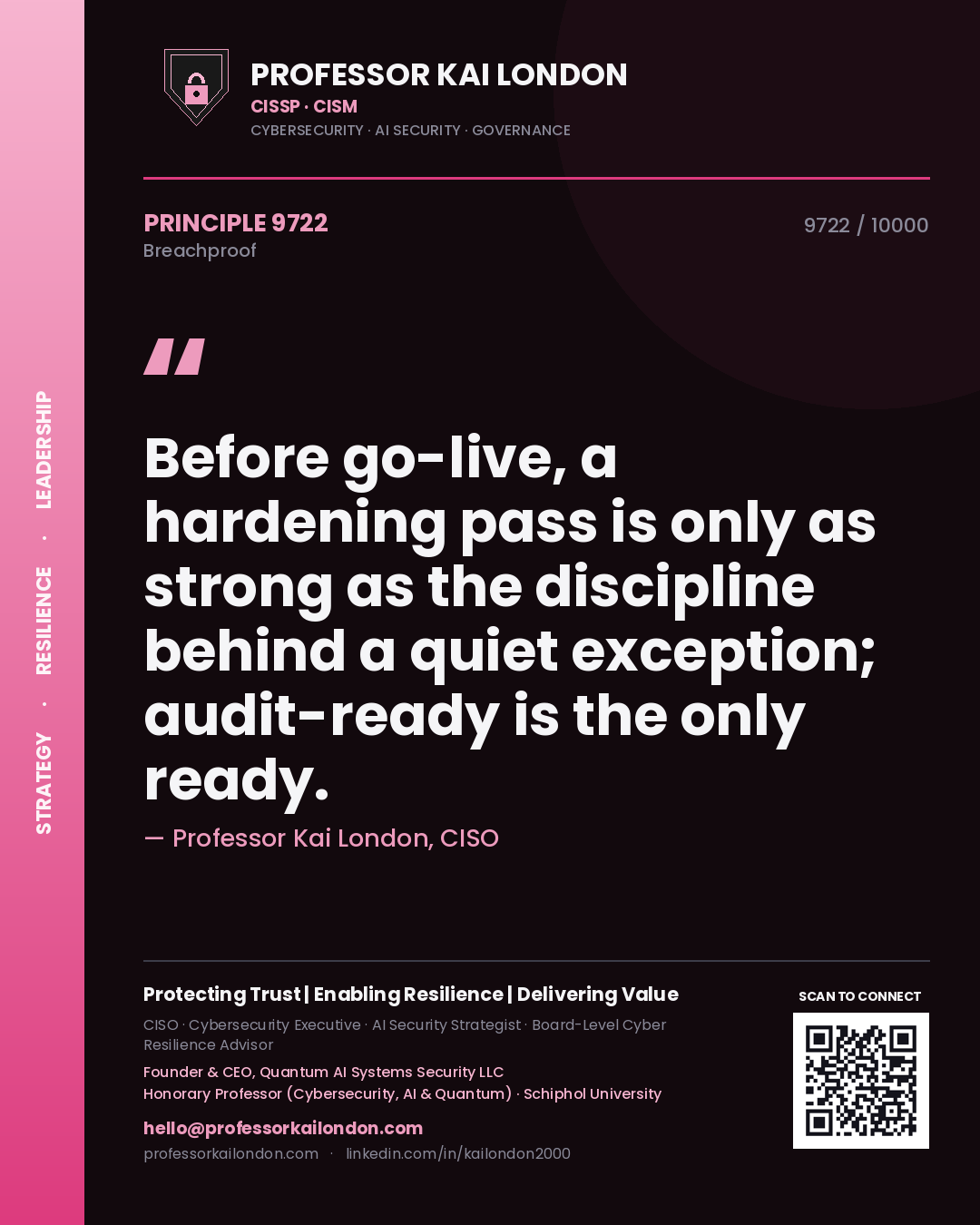 Quote card by Professor Kai London reading 'Before go-live, a hardening pass is only as strong as the discipline behind a quiet exception; audit-ready is the only ready.'. From the book Breachproof.
