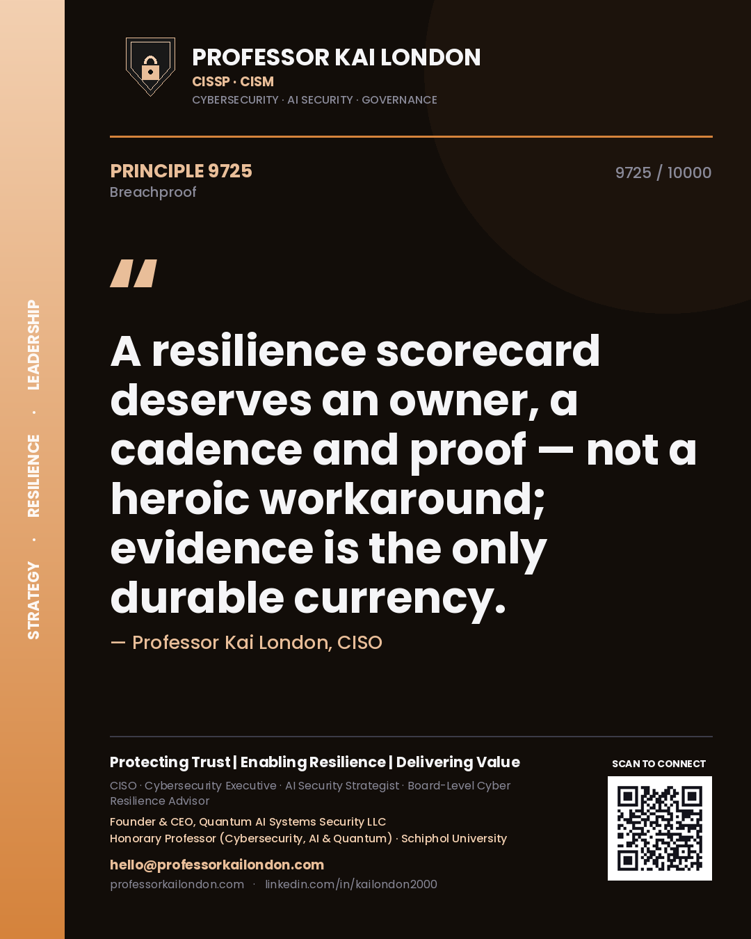 Quote card by Professor Kai London reading 'A resilience scorecard deserves an owner, a cadence and proof — not a heroic workaround; evidence is the only durable currency.'. From the book Breachproof.