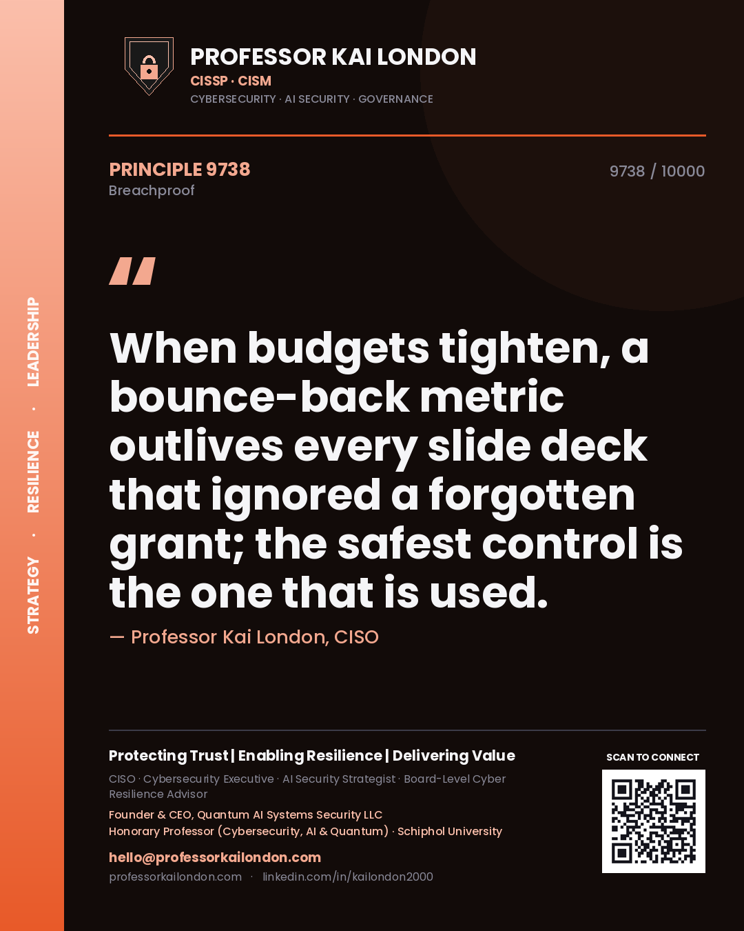 Quote card by Professor Kai London reading 'When budgets tighten, a bounce-back metric outlives every slide deck that ignored a forgotten grant; the safest control is the one that is used.'. From the book Breachproof.