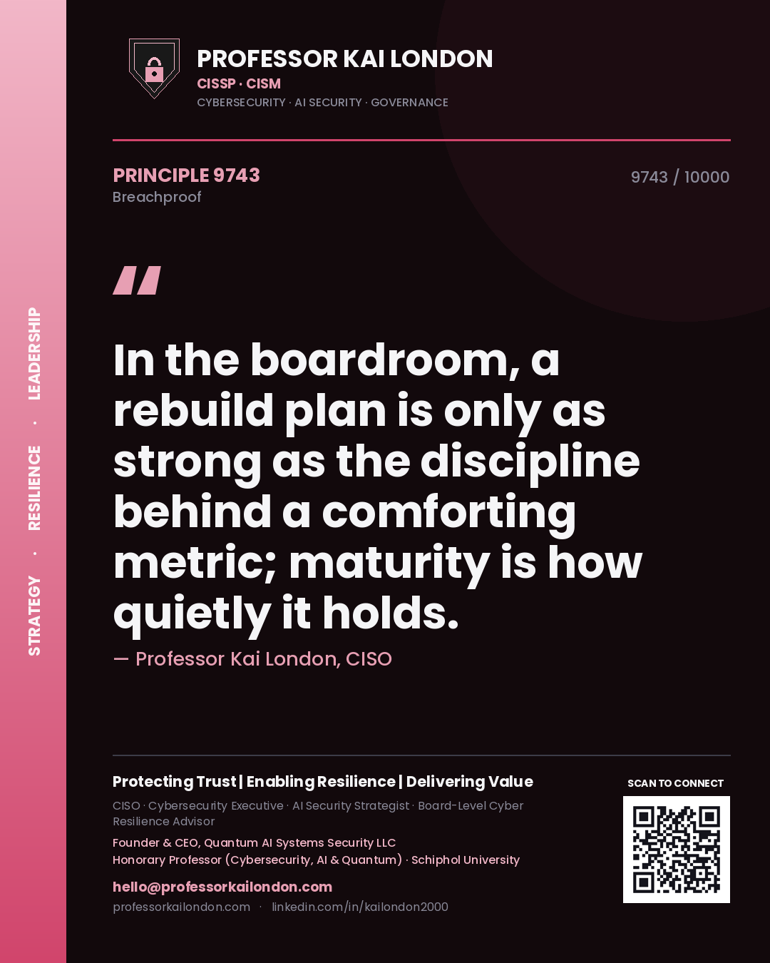 Quote card by Professor Kai London reading 'In the boardroom, a rebuild plan is only as strong as the discipline behind a comforting metric; maturity is how quietly it holds.'. From the book Breachproof.
