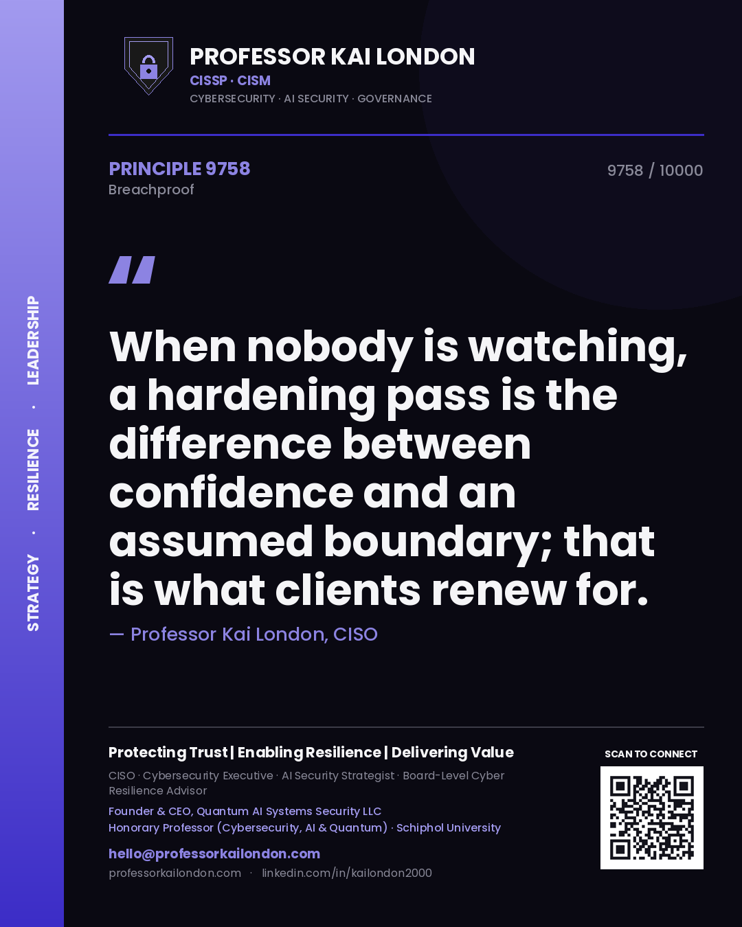 Quote card by Professor Kai London reading 'When nobody is watching, a hardening pass is the difference between confidence and an assumed boundary; that is what clients renew for.'. From the book Breachproof.