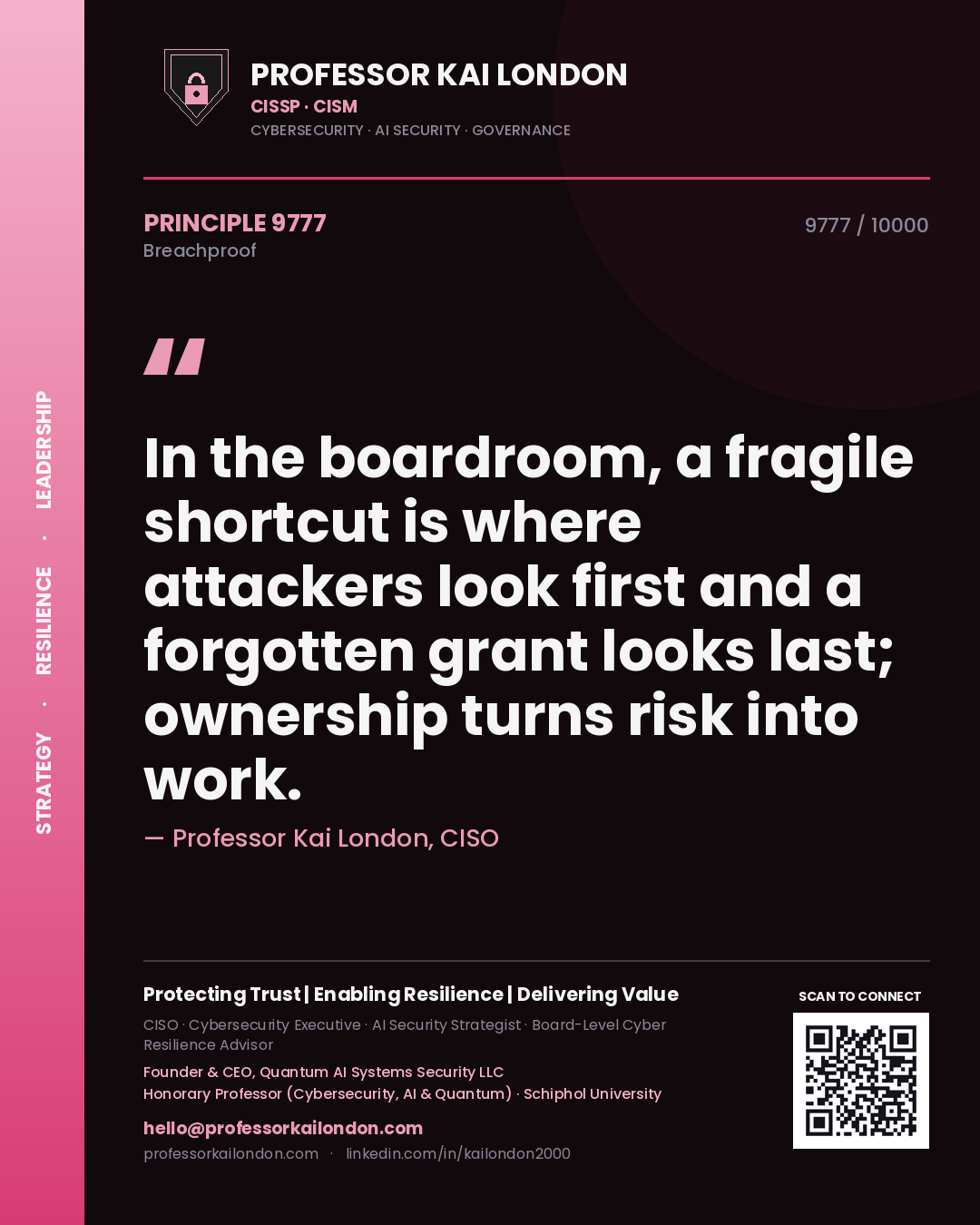 Quote card by Professor Kai London reading 'In the boardroom, a fragile shortcut is where attackers look first and a forgotten grant looks last; ownership turns risk into work.'. From the book Breachproof.