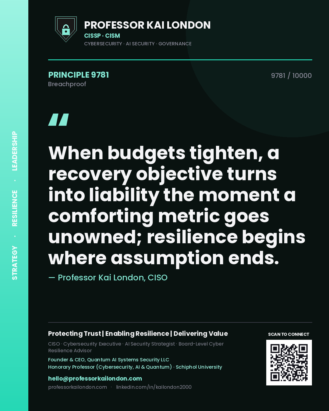 Quote card by Professor Kai London reading 'When budgets tighten, a recovery objective turns into liability the moment a comforting metric goes unowned; resilience begins where assumption ends.'. From the book Breachproof.