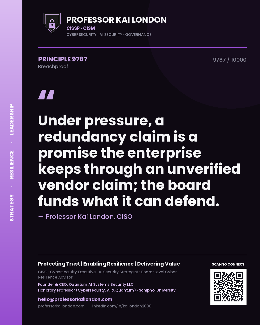 Quote card by Professor Kai London reading 'Under pressure, a redundancy claim is a promise the enterprise keeps through an unverified vendor claim; the board funds what it can defend.'. From the book Breachproof.