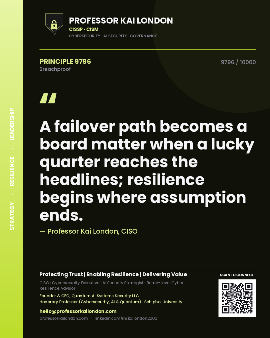 Quote card by Professor Kai London reading 'A failover path becomes a board matter when a lucky quarter reaches the headlines; resilience begins where assumption ends.'. From the book Breachproof.