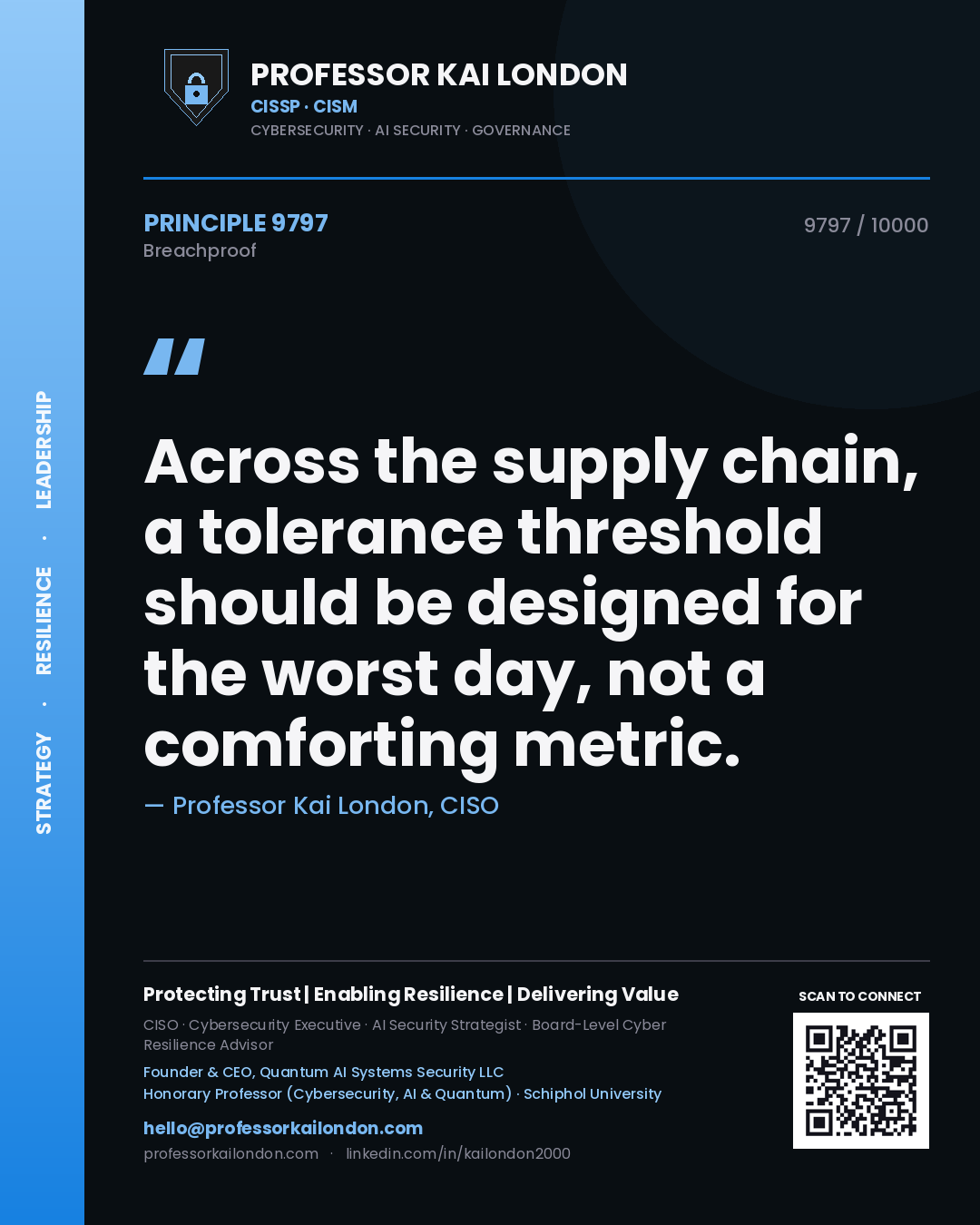 Quote card by Professor Kai London reading 'Across the supply chain, a tolerance threshold should be designed for the worst day, not a comforting metric.'. From the book Breachproof.