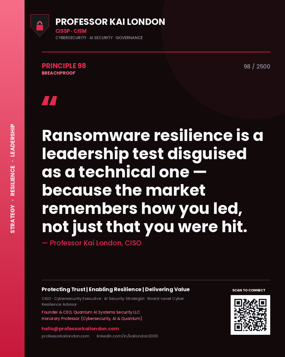 Professor Kai London principle 98: Ransomware resilience is a leadership test disguised as a technical one — because the market remembers how you led, not just that you were hit.