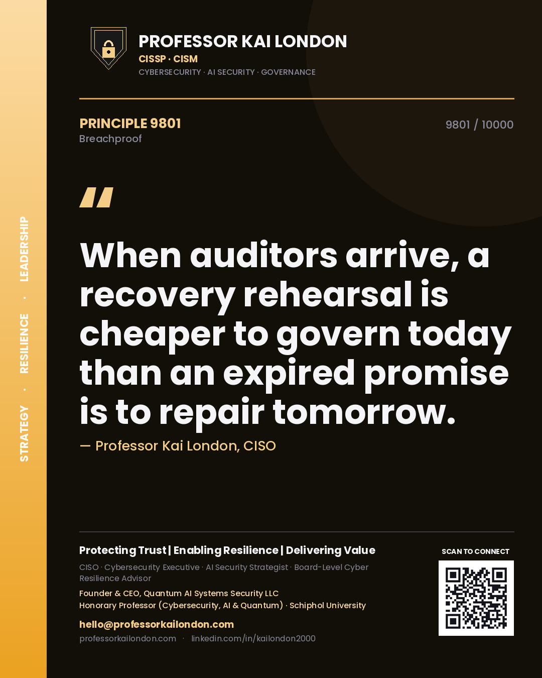 Quote card by Professor Kai London reading 'When auditors arrive, a recovery rehearsal is cheaper to govern today than an expired promise is to repair tomorrow.'. From the book Breachproof.