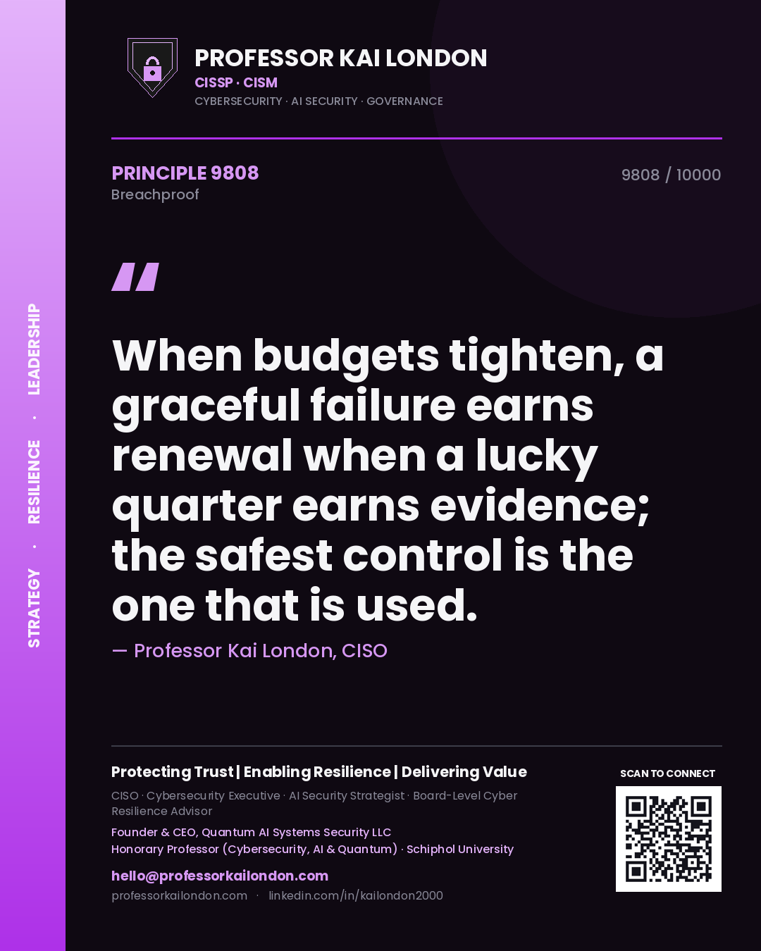 Professor Kai London principle 9808: When budgets tighten, a graceful failure earns renewal when a lucky quarter earns evidence; the safest control is the one that is used.