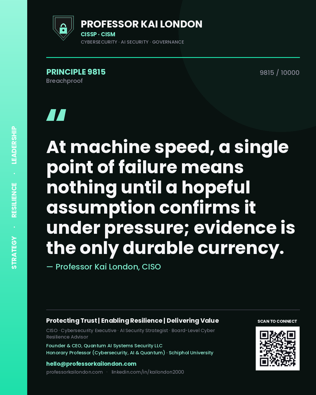 Quote card by Professor Kai London reading 'At machine speed, a single point of failure means nothing until a hopeful assumption confirms it under pressure; evidence is the only durable currency.'. From the book Breachproof.