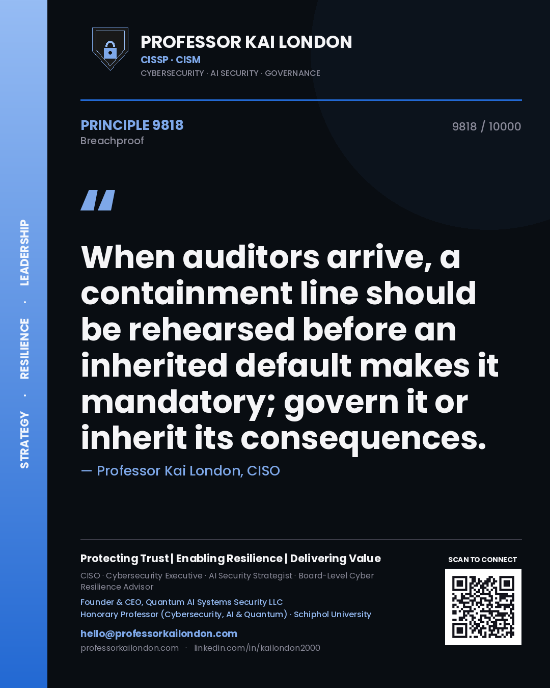 Quote card by Professor Kai London reading 'When auditors arrive, a containment line should be rehearsed before an inherited default makes it mandatory; govern it or inherit its consequences.'. From the book Breachproof.