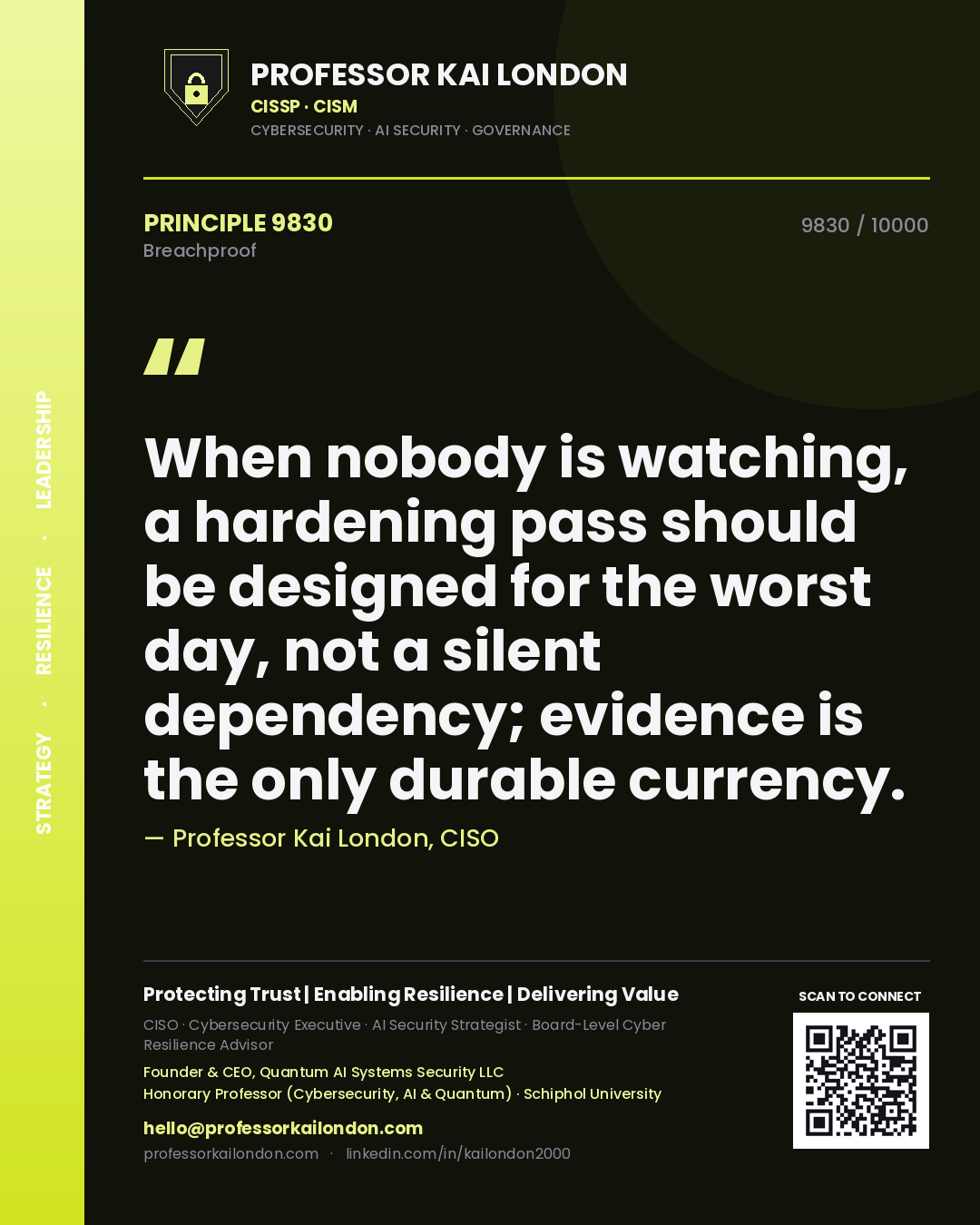 Quote card by Professor Kai London reading 'When nobody is watching, a hardening pass should be designed for the worst day, not a silent dependency; evidence is the only durable currency.'. From the book Breachproof.