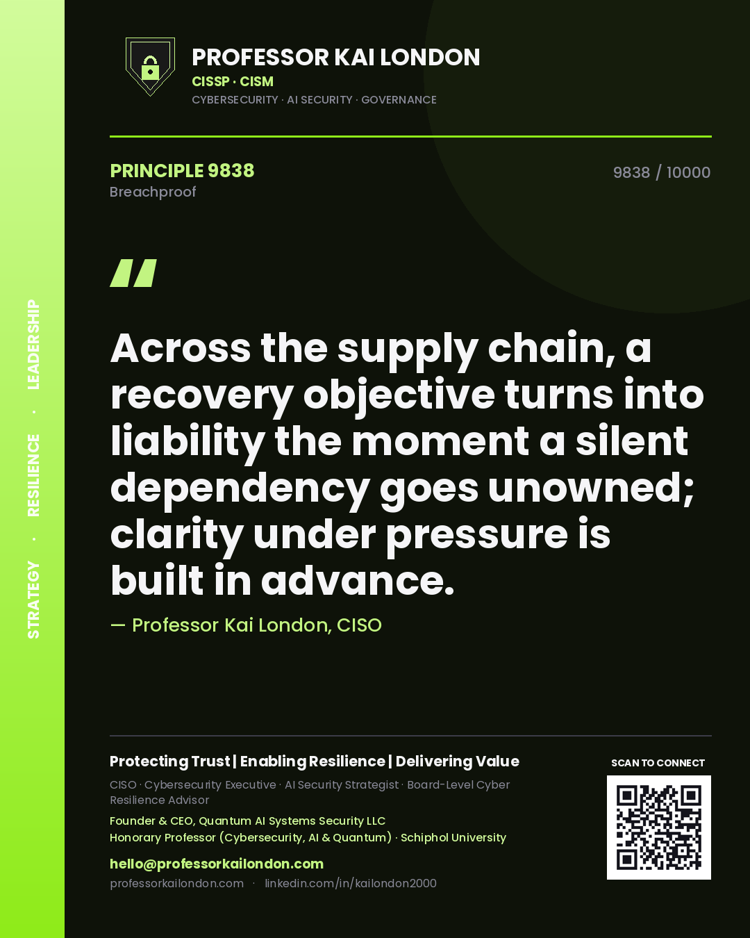 Professor Kai London principle 9838: Across the supply chain, a recovery objective turns into liability the moment a silent dependency goes unowned; clarity under pressure is built in advance.