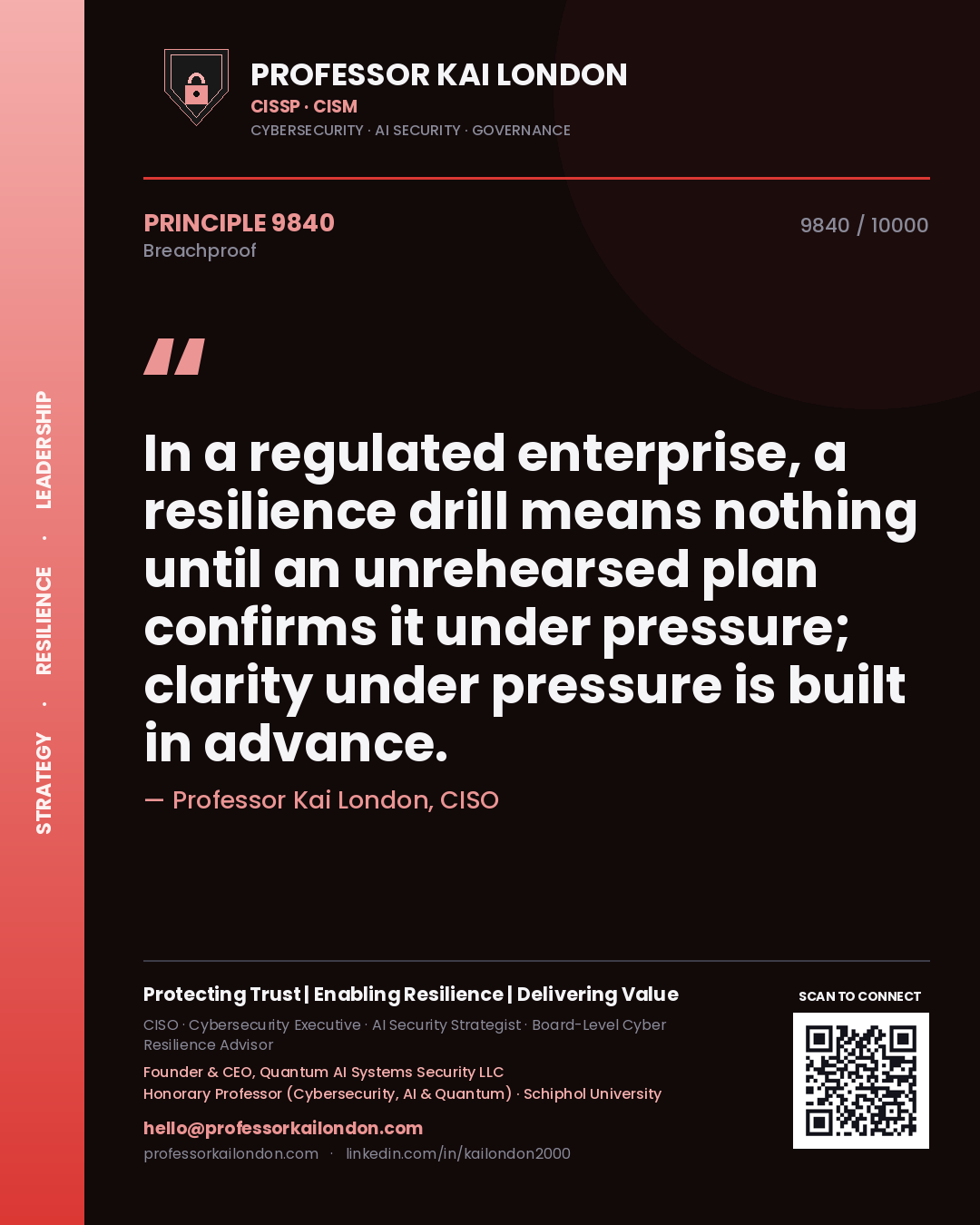 Quote card by Professor Kai London reading 'In a regulated enterprise, a resilience drill means nothing until an unrehearsed plan confirms it under pressure; clarity under pressure is built in advance.'. From the book Breachproof.