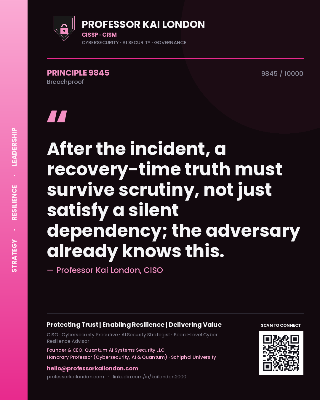 Quote card by Professor Kai London reading 'After the incident, a recovery-time truth must survive scrutiny, not just satisfy a silent dependency; the adversary already knows this.'. From the book Breachproof.