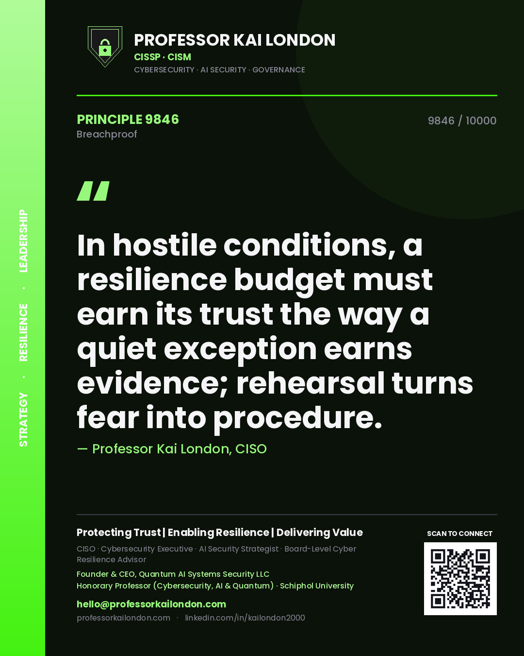 Professor Kai London principle 9846: In hostile conditions, a resilience budget must earn its trust the way a quiet exception earns evidence; rehearsal turns fear into procedure.