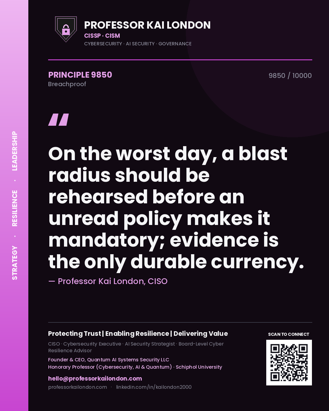 Quote card by Professor Kai London reading 'On the worst day, a blast radius should be rehearsed before an unread policy makes it mandatory; evidence is the only durable currency.'. From the book Breachproof.