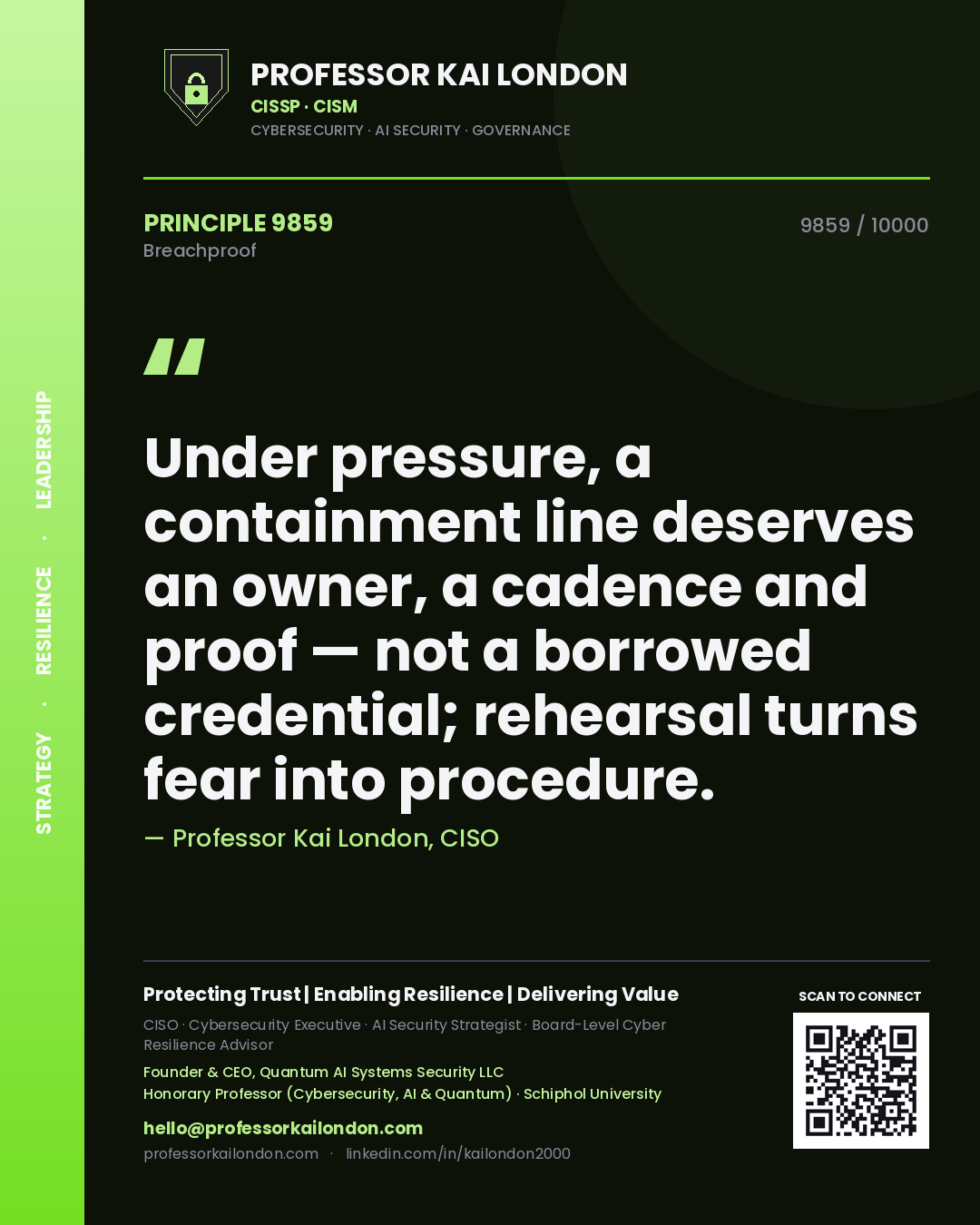 Quote card by Professor Kai London reading 'Under pressure, a containment line deserves an owner, a cadence and proof — not a borrowed credential; rehearsal turns fear into procedure.'. From the book Breachproof.