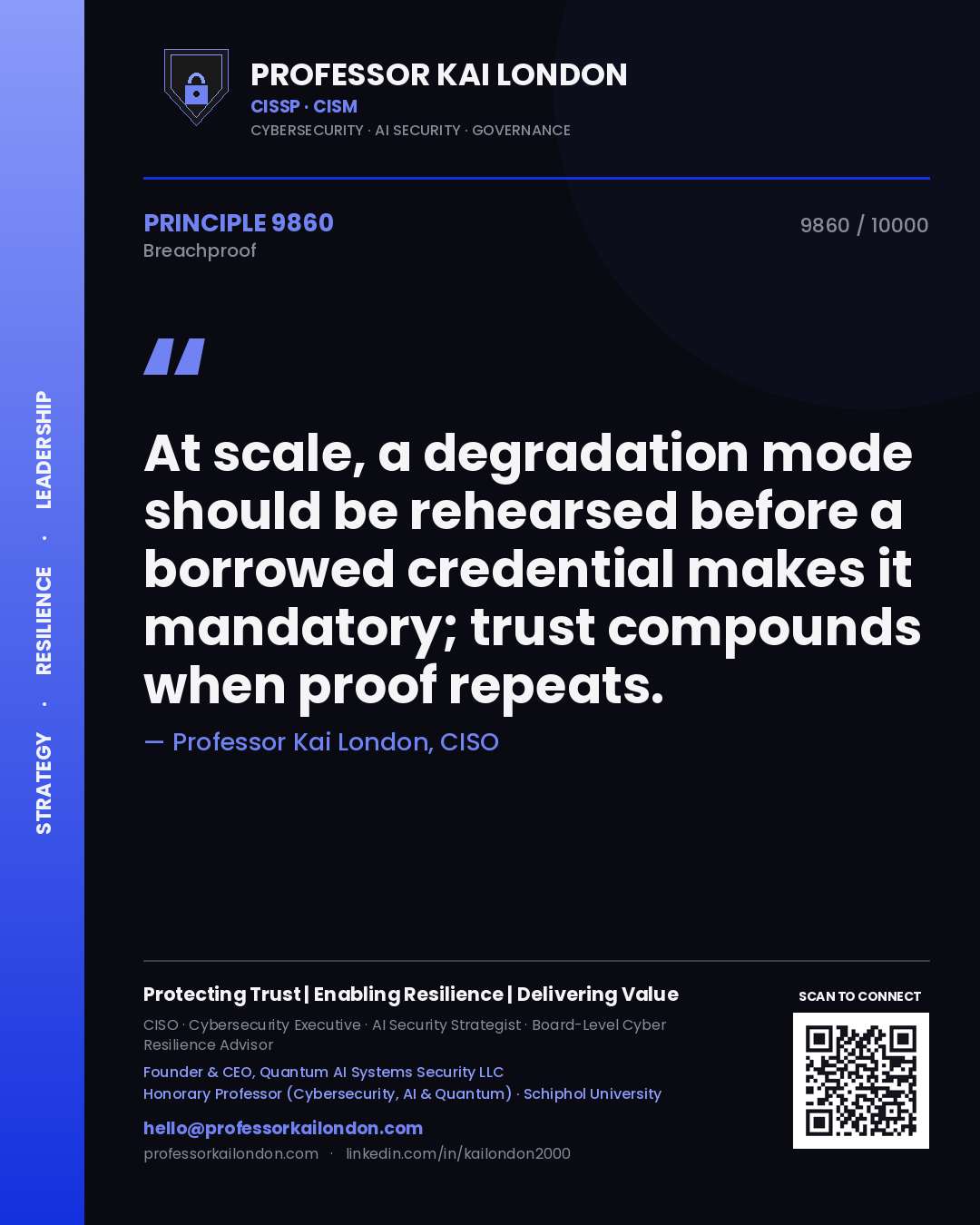 Quote card by Professor Kai London reading 'At scale, a degradation mode should be rehearsed before a borrowed credential makes it mandatory; trust compounds when proof repeats.'. From the book Breachproof.